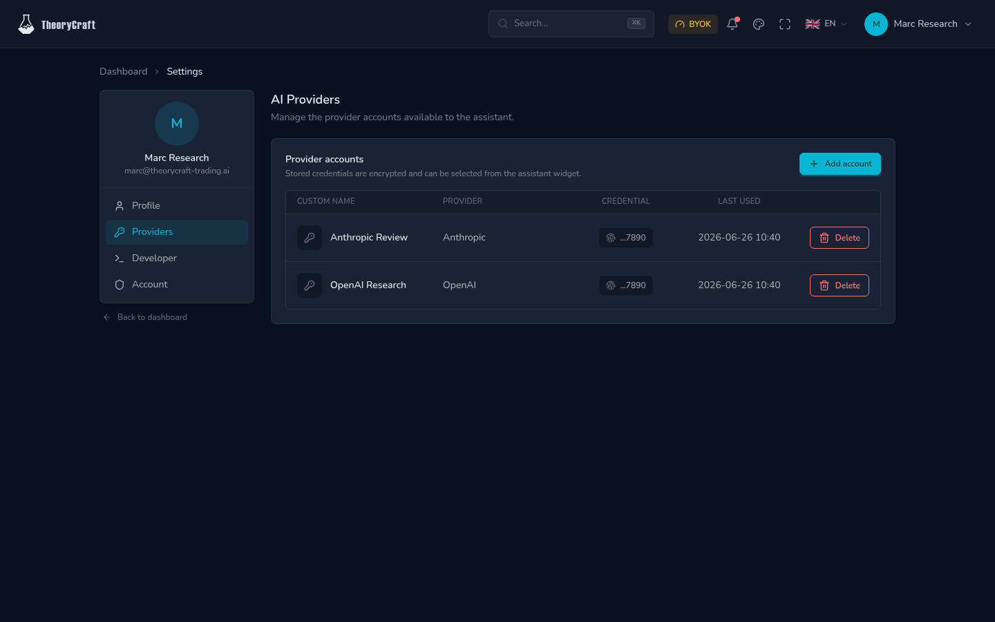 Paramètres fournisseurs IA TheoryCraft avec comptes sauvegardés et identifiants masqués