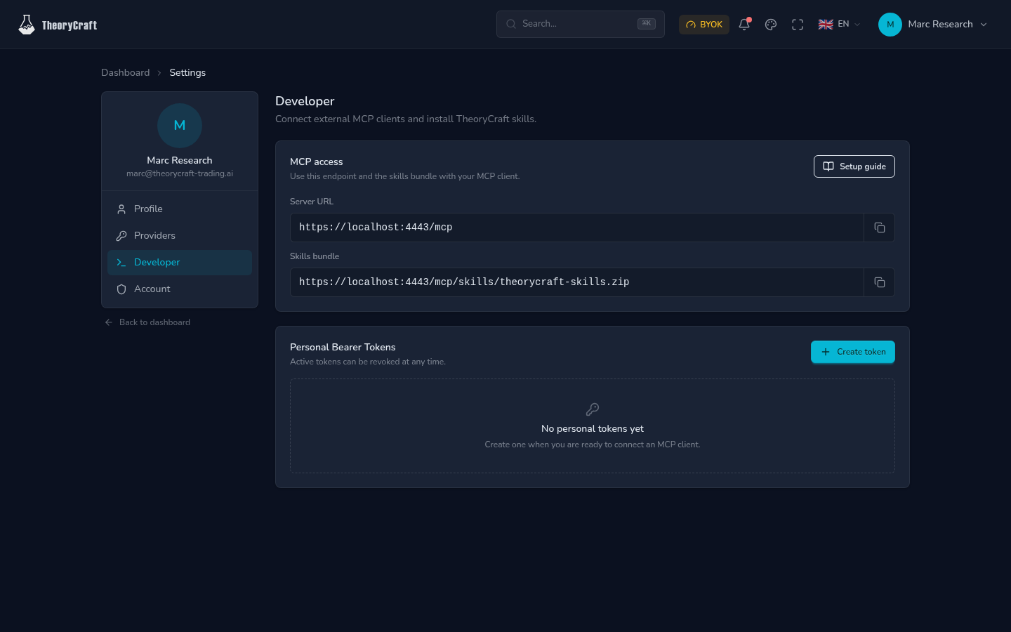 Paramètres développeur TheoryCraft avec endpoint MCP, bundle de skills et tokens personnels